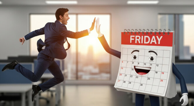 Businessman celebrating friday high five with cheerful calendar character