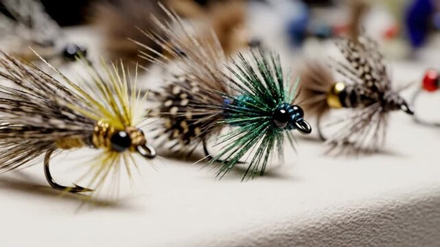 Assorted colorful fly fishing lures close-up