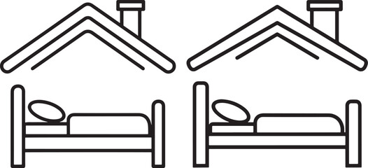 Two stylized houses with roofs and chimneys, and two beds with pillows, representing home and rest in a simple line art style.