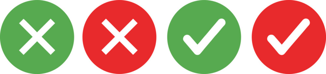 Fototapeta premium Check mark and cross icons set, approval and rejection symbols in green and red for decision making concepts