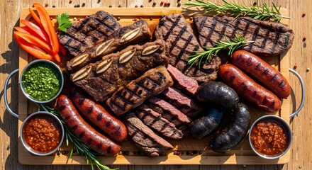 Grilled steak, ribs, and sausages with sauces on wooden board