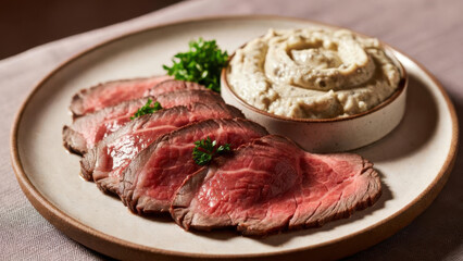 Fototapeta premium Sliced rare roast beef with creamy sauce, parsley on plate.