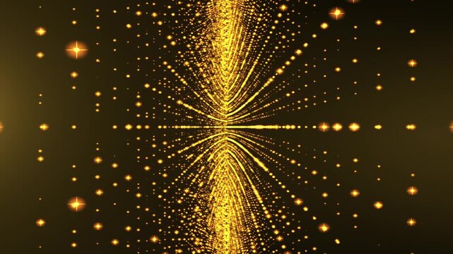 Golden glowing particles forming symmetrical radiant wave, sparkling luxury motion with depth and energy for festive, finance and futuristic visuals.
