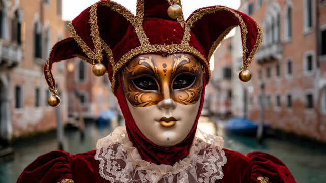 Cinematic close-up of a Venetian carnival reveler wearing an ornate golden mask with dark eye openings and intricate baroque patterns, dressed in a deep red velvet costume with a matching, richly deco