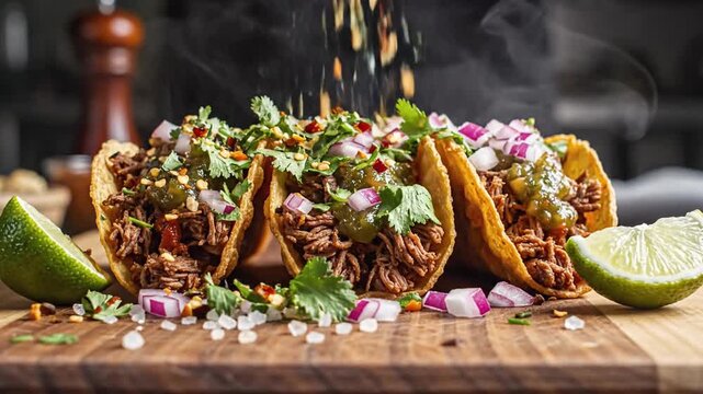 Authentic beef tacos with falling ingredients