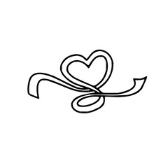 Elegant black line art illustration of a ribbon intricately twisted to form a delicate heart symbol, perfect for romantic designs, wedding invitations, and Valentine's Day decorations