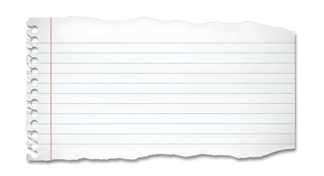 Torn piece of lined notebook paper with holes and red margin line visible closely