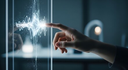 Hand touches glowing wave interface on transparent futuristic screen