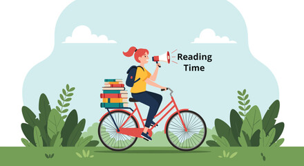 Fototapeta premium Active young woman riding a bicycle with a stack of books while announcing reading time through a megaphone in a park.