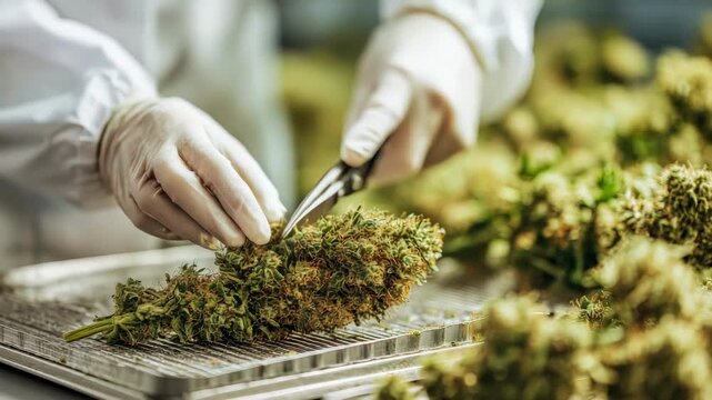 Close-up of gloved hands carefully trimming a large cannabis bud after harvest