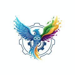 Obraz premium Vibrant phoenix rising from mechanical gear with colorful splashes, symbolizing innovation and creativity