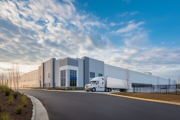 Fototapeta premium Modern Warehouse and Truck on a Sunny Day, Logistics and Distribution