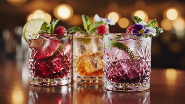 Colorful refreshing cocktails garnished with fruit on bar