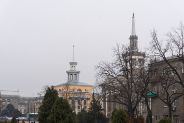 The Bishkek City Hall and the National Bank of the Kyrgyz Republic buildings in the city center.