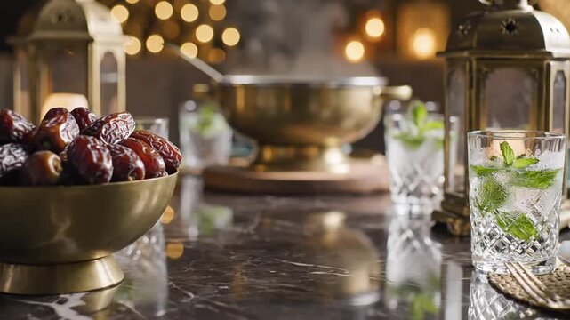 Fresh dates served in a brass bowl for a festive iftar dinner table setting with drinks and lanterns for culinary marketing campaigns.