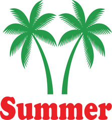 Fototapeta premium Tropical summer vector illustration featuring two green palm trees and red summer typography isolated on white background for travel designs.