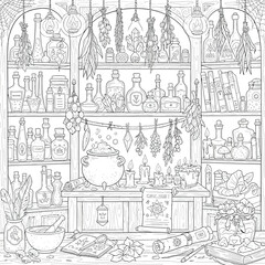Apothecary shop interior with herbal medicine and bubbling cauldron in fantasy line vector