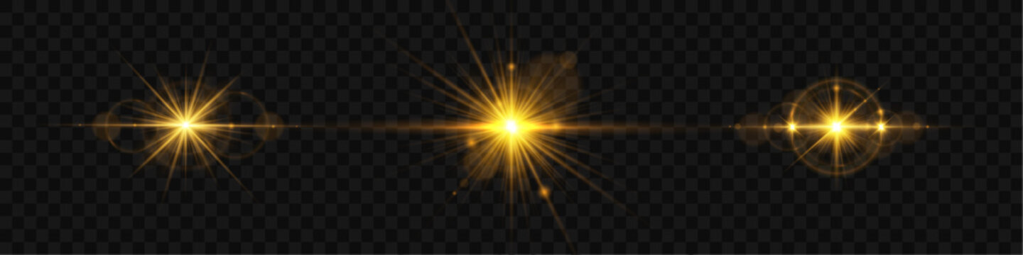 Realistic golden glare with radiant rays spreads warm shine across dark background. Bright lens flare and soft bokeh enhance depth.