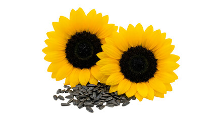 Obraz premium Two bright sunflowers with black centers and seeds on transparent background, showcasing vibrant flowers and natural beauty