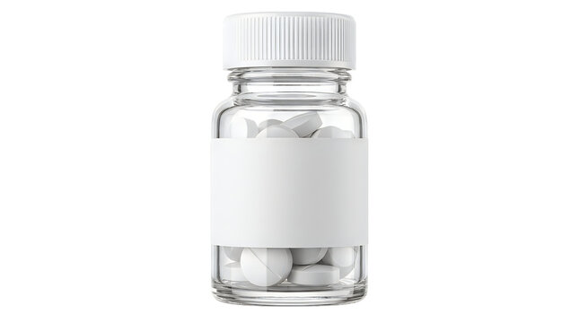 A clear glass bottle with a white cap and label containing white pills on transparent background