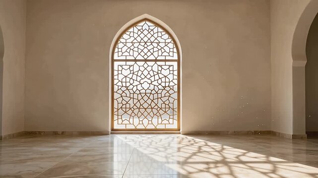 architectural interior arched window lattice shadow sunlight on marble floor