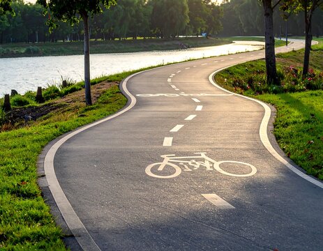 A winding bike path beside a serene lake at sunrise