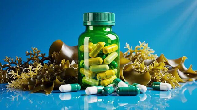 Seaweed supplement capsules in green bottle with sea plants on reflective surface for wellness and nutrition