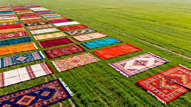 Colorful rugs displayed on grass field