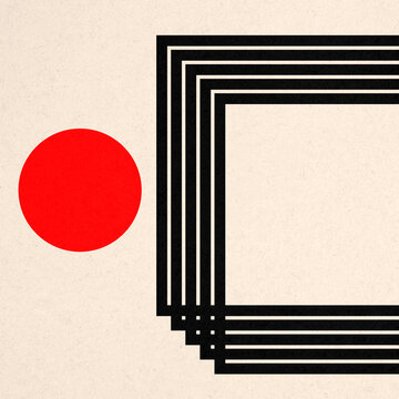 Abstract constructivist illustration with red sphere and black squares