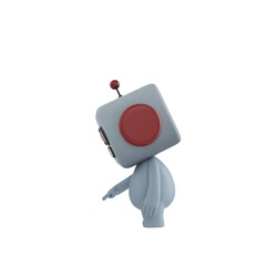 Cute 3D render Robot character turned sideways to the camera, pointing down at the ground in front, indicating focus or attention, isolated on white background.
