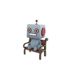 Fototapeta premium Cute 3D render Robot character sitting calmly on a bench, relaxed and peaceful pose, isolated on white background.