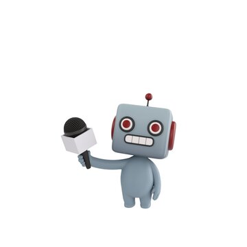 Cute 3D render Robot character standing and holding a microphone, conducting an interview in a reporter-style pose, friendly and professional, isolated on white background.