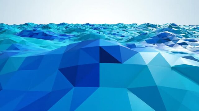 Low poly stylized ocean water waves in different shades of blue, computer-generated abstract background