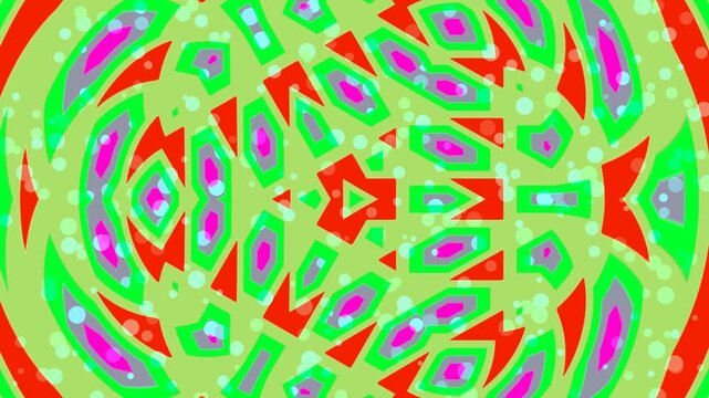 A colorful abstract design featuring a symmetrical pattern with teardrop shapes in green, red, and purple hues on a beige background