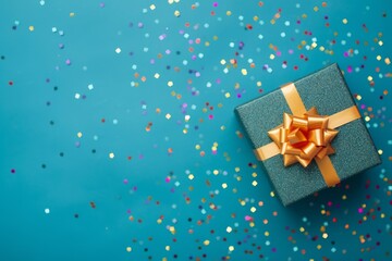 Teal gift box with a gold bow surrounded by colorful confetti, symbolizing celebration and festivity