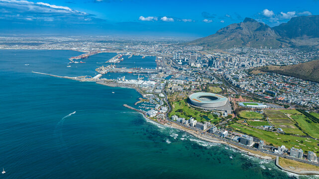 Aerial view of Capetown coastline stadium and Table Mountain South Africa