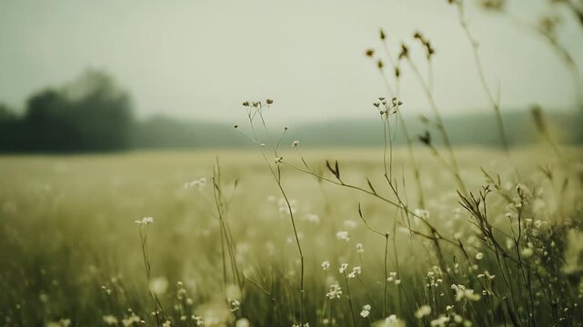 Wildflowers blooming and swaying in a serene meadow under a soft, diffused light, creating a peaceful and quiet pastoral landscape with soft focus elements