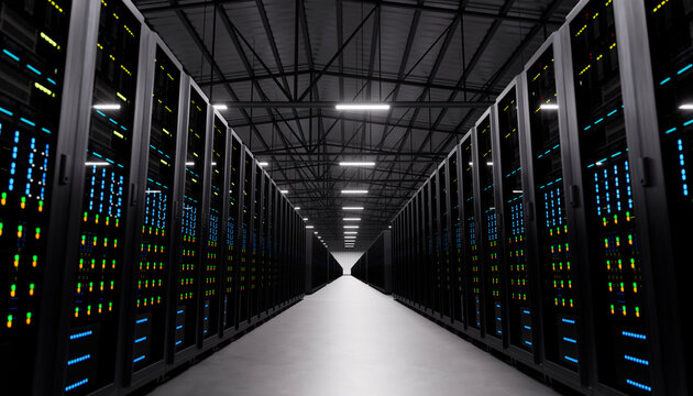Data center aisle with server racks and illuminated network equipment