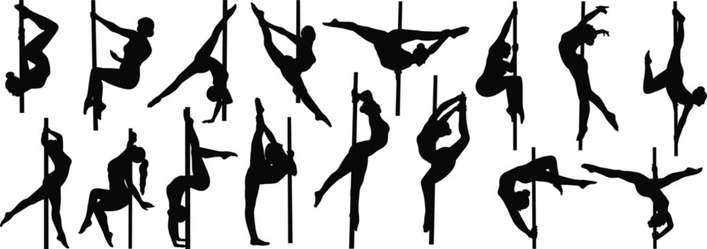 Set of Professional Pole Dancer Silhouettes for Fitness and Dance Art