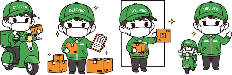 Cute delivery courier character vector set with scooter parcels clipboard and mascot poses isolated illustration