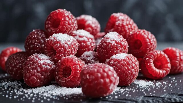 Juicy crimson raspberries glistening with fine sugar crystals dusted over a dark, textured surface