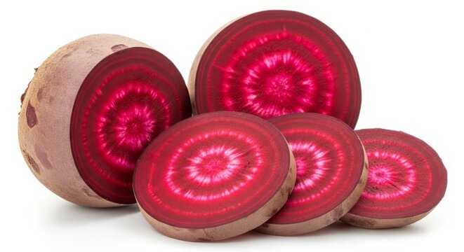 Fresh beetroot with deep red purple skin and vibrant flesh, shown whole and sliced. A nutritious root vegetable rich in antioxidants, commonly used in salads, juices, and healthy diets.