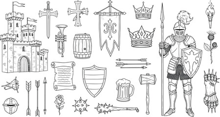 Obraz premium Medieval knight and castle icon set with swords shields crowns and heraldic elements vintage vector illustration