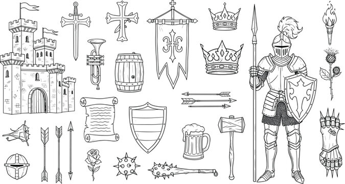 Medieval knight and castle icon set with swords shields crowns and heraldic elements vintage vector illustration
