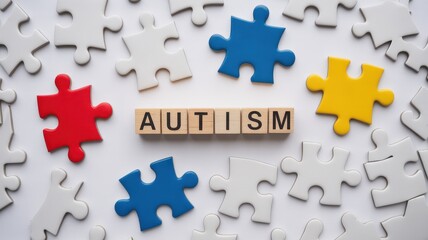 Obraz premium Word AUTISM spelled with wooden blocks surrounded by colorful and white puzzle pieces isolated on white background