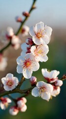 Cherry blossom flowers blooming on a tree branch in a spring orchard with soft morning sunlight, macro nature background for seasonal advertising and wellness concepts