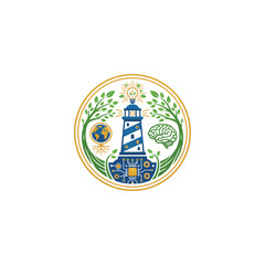 Illustration of a lighthouse emblem surrounded by foliage and a brain symbol within a circular border.