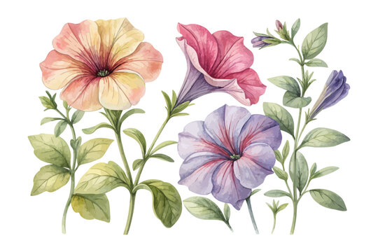 Colorful Petunia Watercolor Bloom, Vibrant Garden Floral Illustration Isolated on White