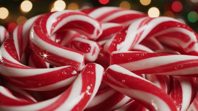 A festive pile of glistening red and white striped candy canes with bokeh background