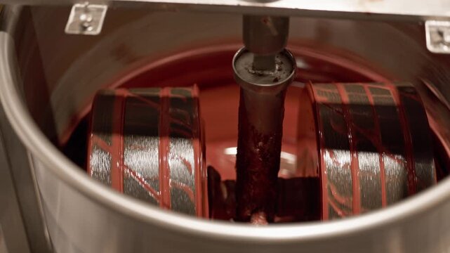 Close up rotating industrial cocoa beans mixing rollers stirring and coating with glossy melted chocolate inside factory for confectionery production.